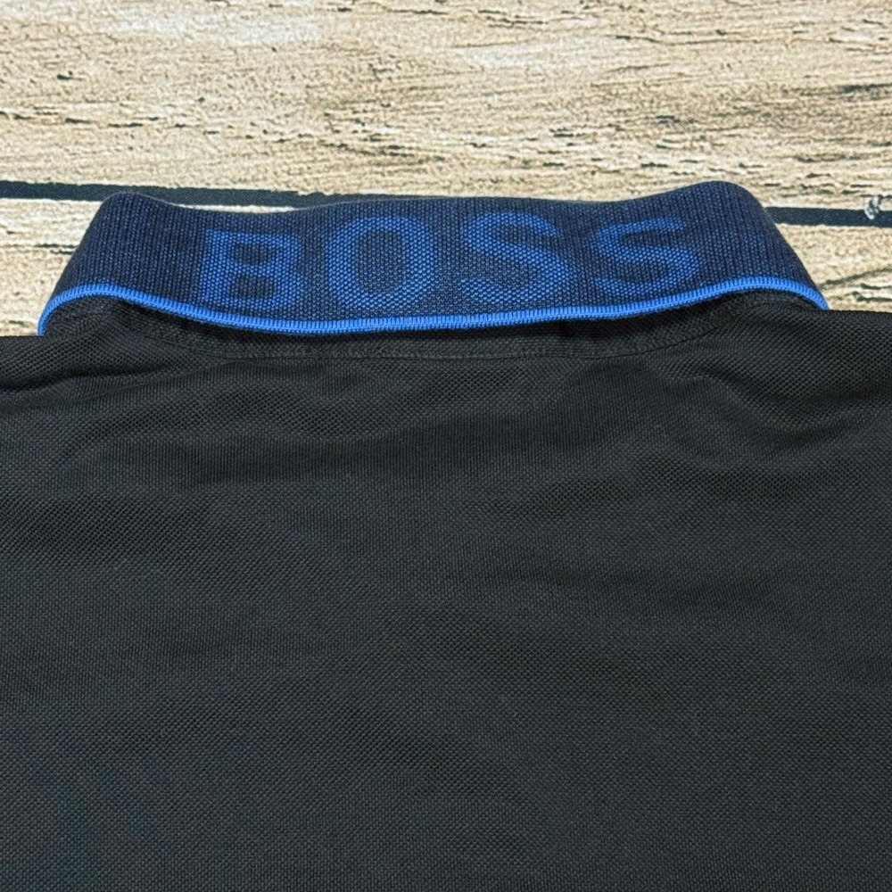 Hugo Boss Polo Shirt Men Large Black Blue Logo Undercollar Pique Short Sleeve